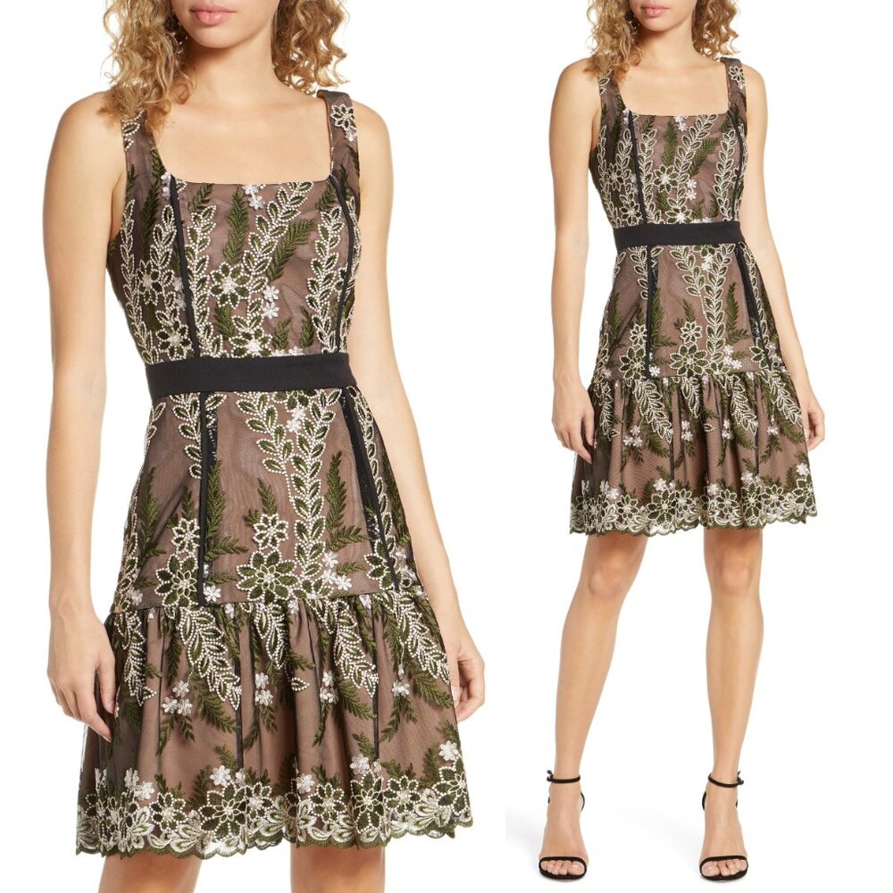 Harlyn Lace Overlay Floral Embroidered Fit Flared Dress S Square Neck Scallop